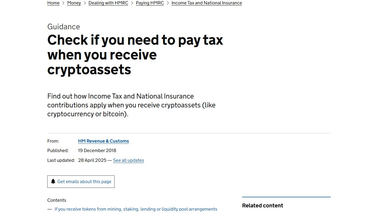 gov.uk 官方页面截图：Check if you need to pay tax when you receive cryptoassets